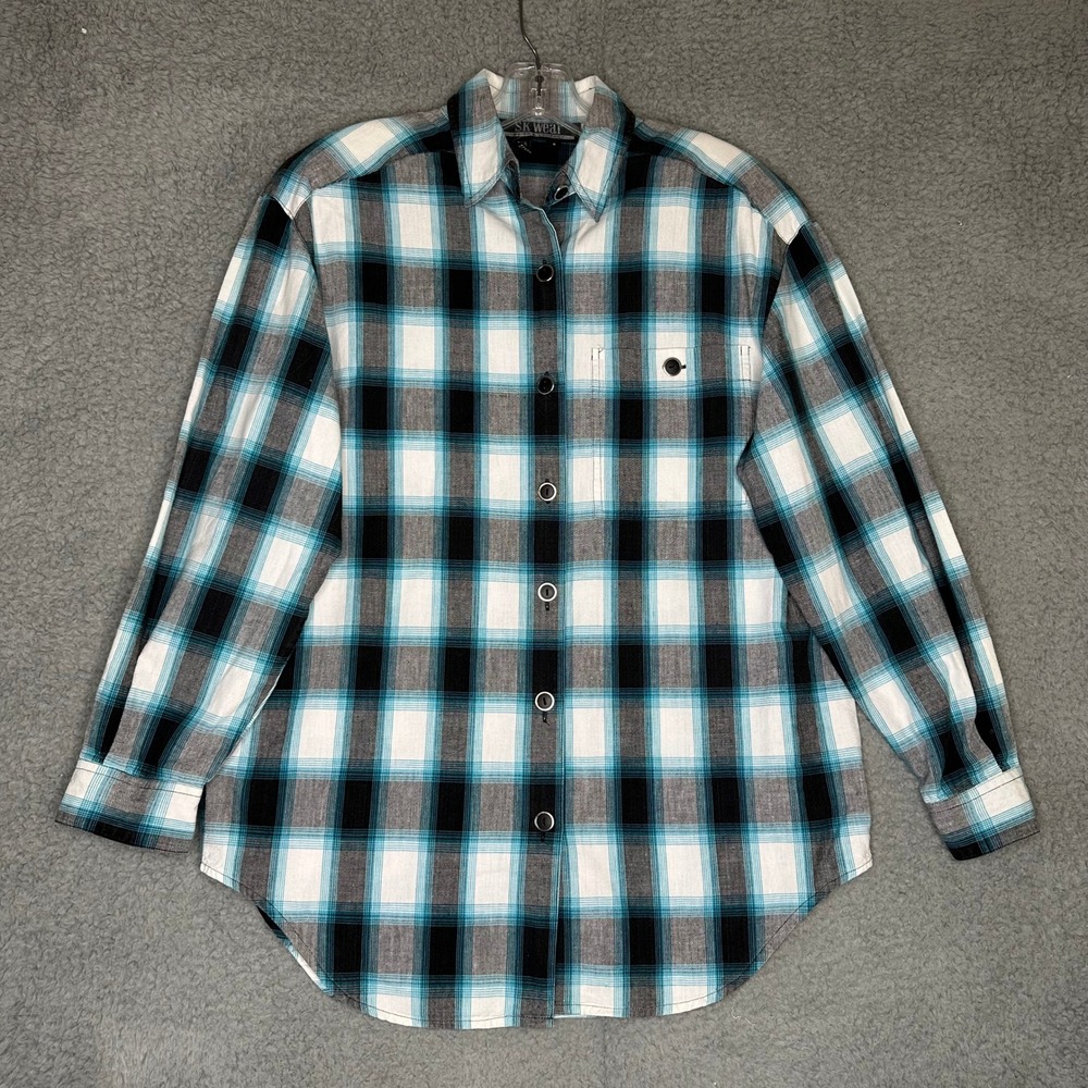 Y2K SK Wear Womens Flannel Plaid Button Up Shirt Size Small Blue Black White